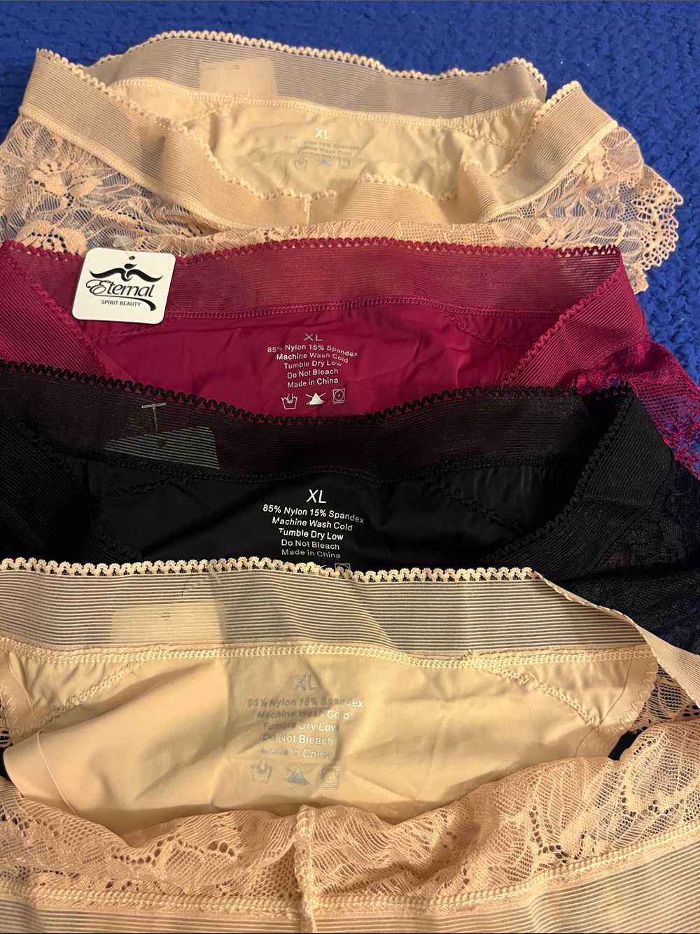 Eterna Lace-Trim Bikini Panties in Beige, Maroon & Black - 4-Pack - Picture 2 of 8